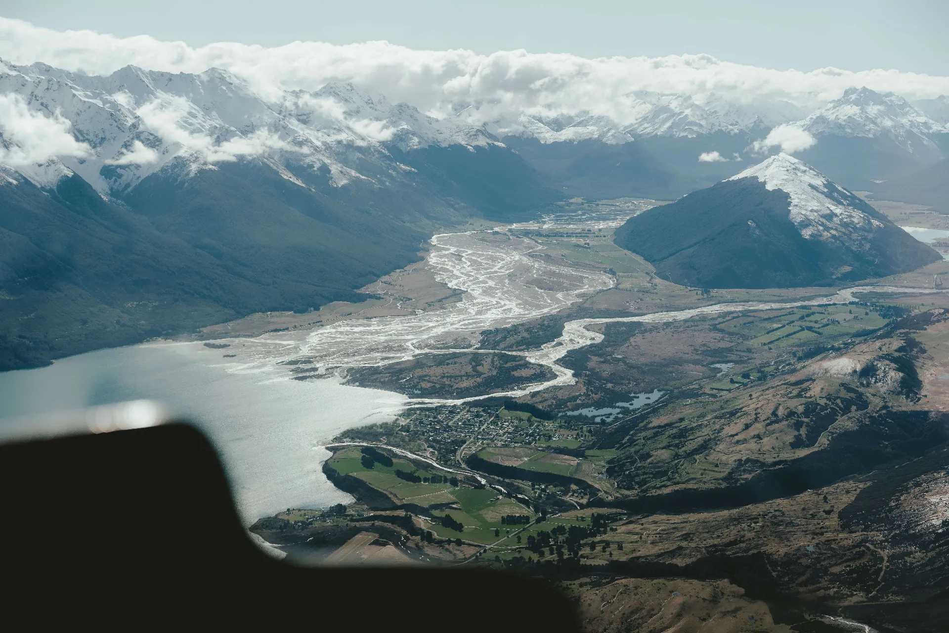 Aerial view over the Dart River valley near Glenorchy from a helicopter