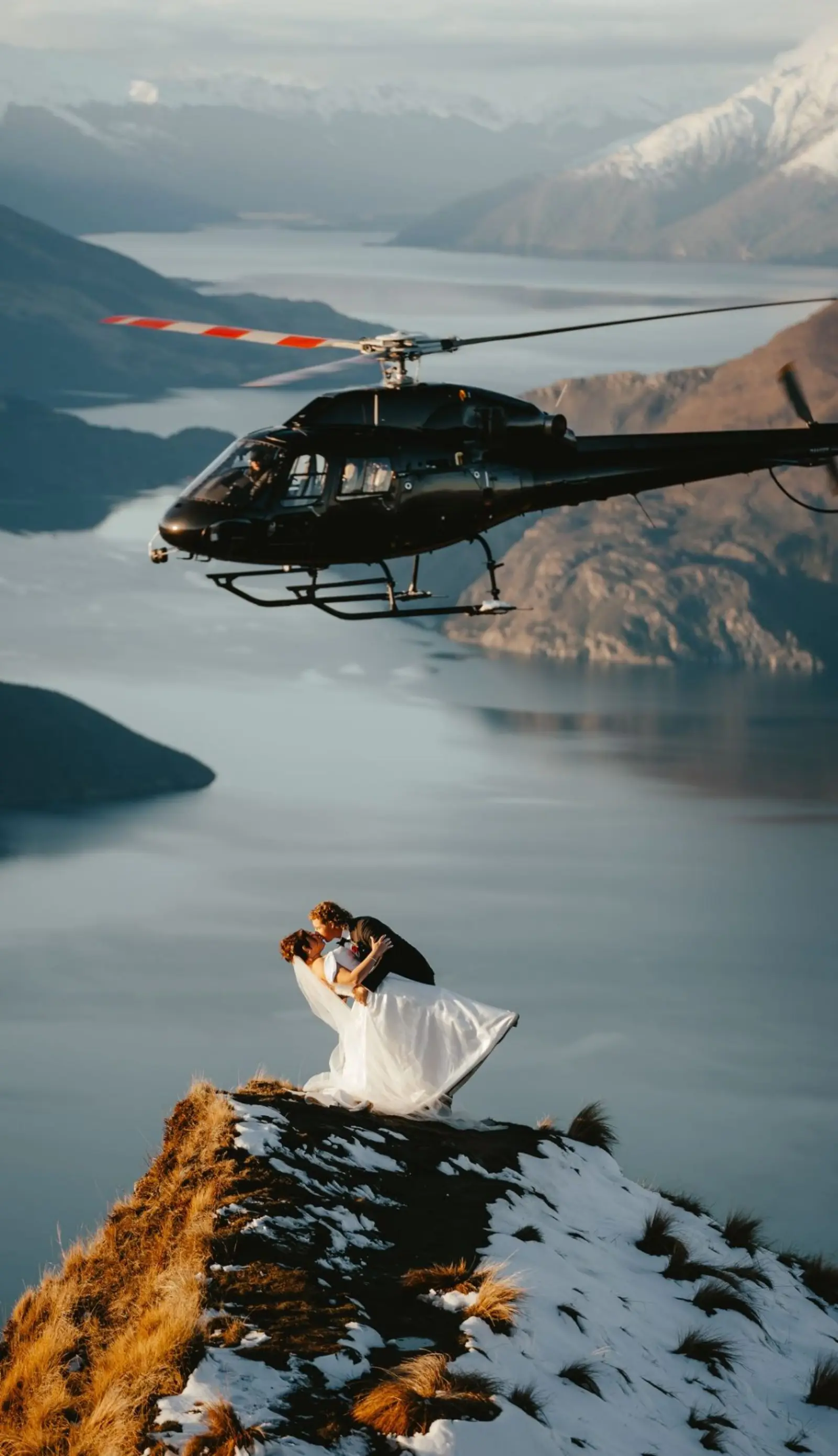 Couple in a dip kiss on the snow ridge at Coromandel Peak as a helicopter passes