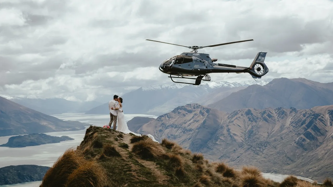 Still frame from the alpine wedding trailer