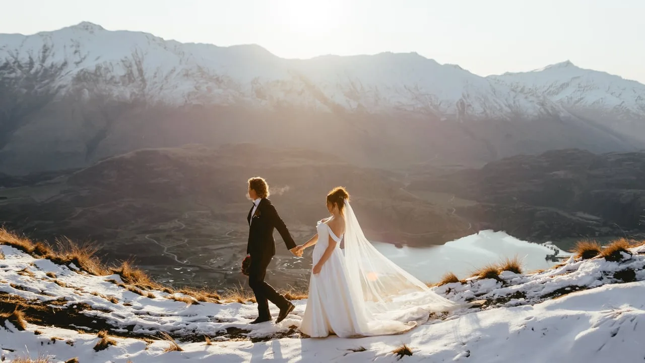 Still frame from Bryne and Jade’s helicopter elopement trailer