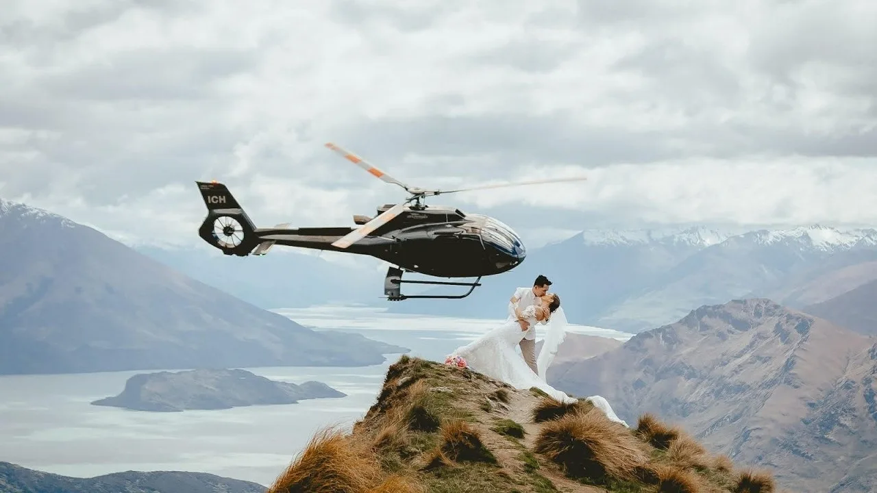 Still frame from the Coromandel Peak helicopter elopement trailer